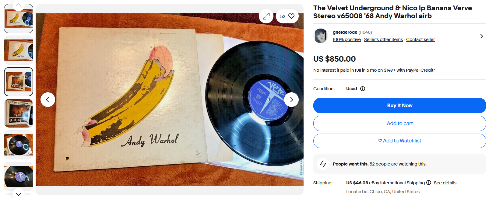 Zrzut z ekranu/ebay/ Płyta winylowa "The Velvet Underground & Nico", wydanie z 1968 roku - w połowie zdrapana naklejka banana